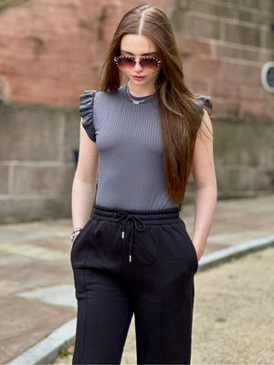 Ribbed Frill Shoulder Bodysuit - Leslie - Storm Desire