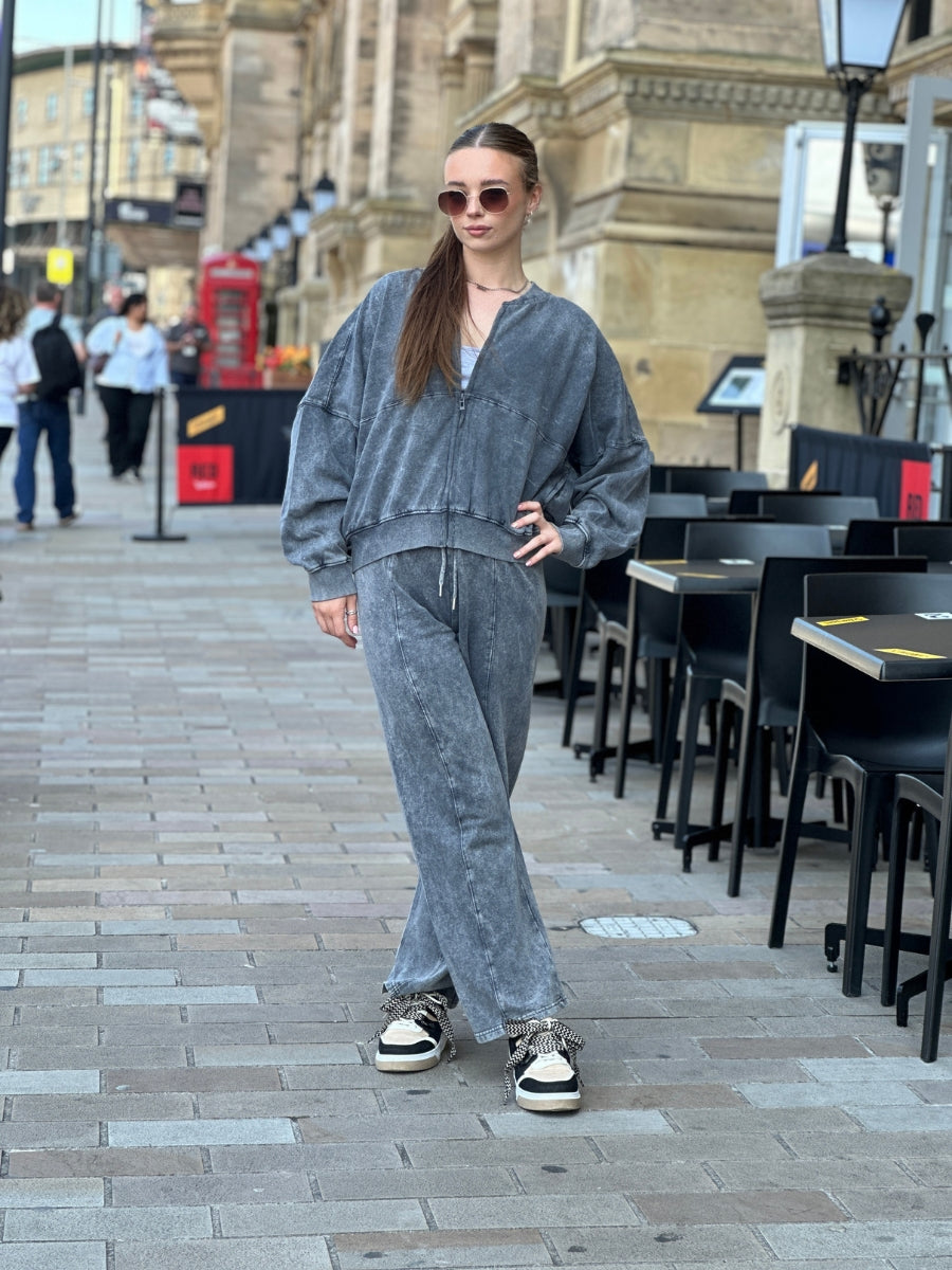 Acid Wash Bomber Style Oversize Fleece Zipper & Jogger Set - Sara - Storm Desire