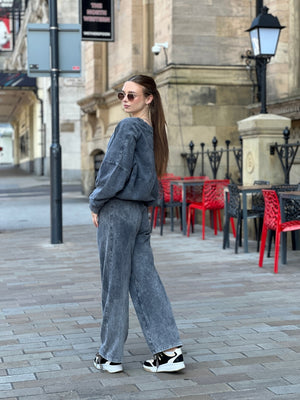 Acid Wash Bomber Style Oversize Fleece Zipper & Jogger Set - Sara - Storm Desire