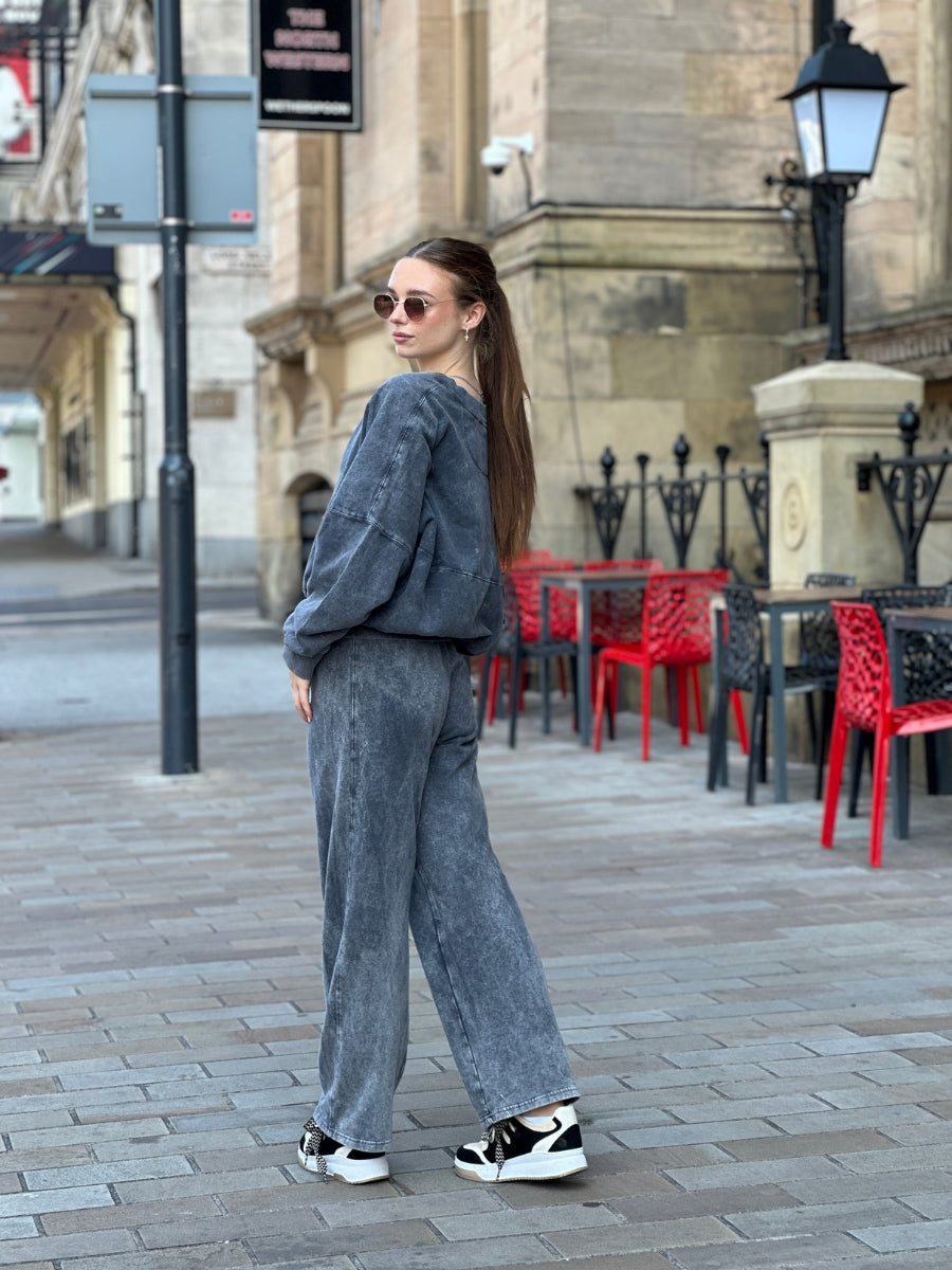Acid Wash Bomber Style Oversize Fleece Zipper & Jogger Set - Sara - Storm Desire