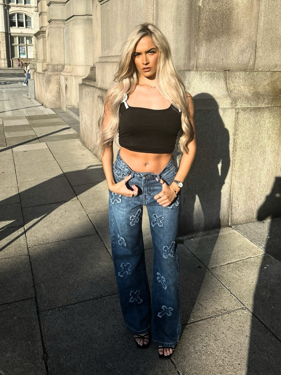 Crucifix Cross Straight Leg Denim Jeans - Molly - Storm Desire