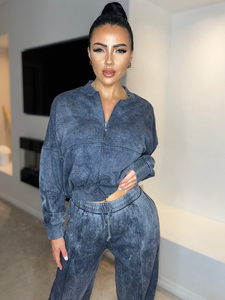 Acid Wash Bomber Style Oversize Fleece Zipper & Jogger Set - Sara - Storm Desire