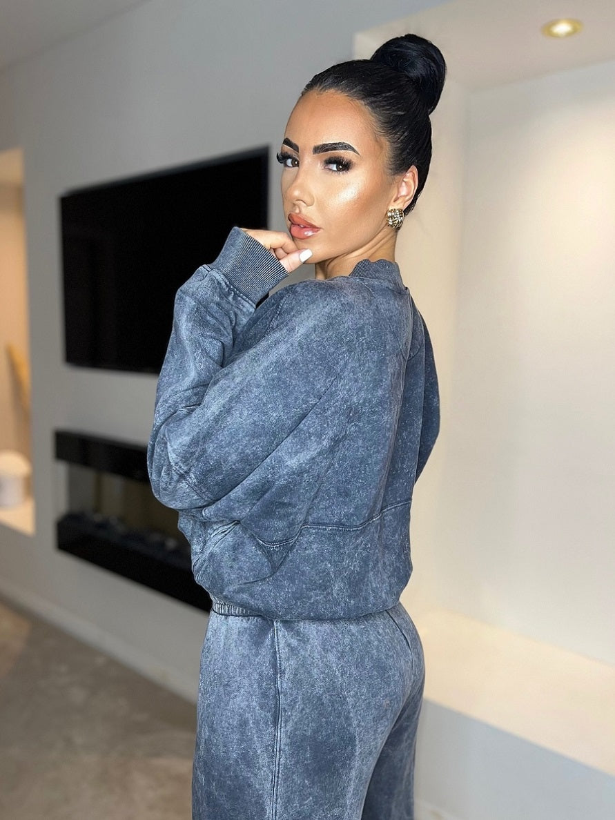 Acid Wash Bomber Style Oversize Fleece Zipper & Jogger Set - Sara - Storm Desire