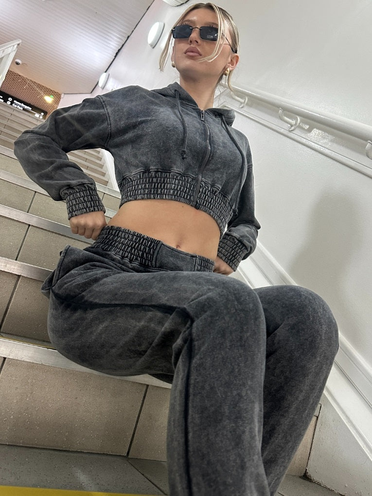 Acid Wash Cropped Hoodie & Jogger Tracksuit - Valentina - Storm Desire