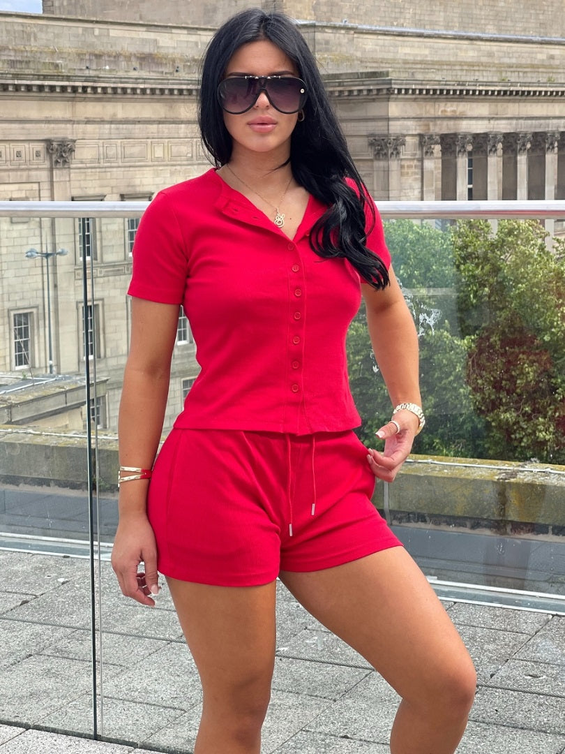 Ribbed Button Short Sleeve Top and Shorts Co-ord - Kelsey