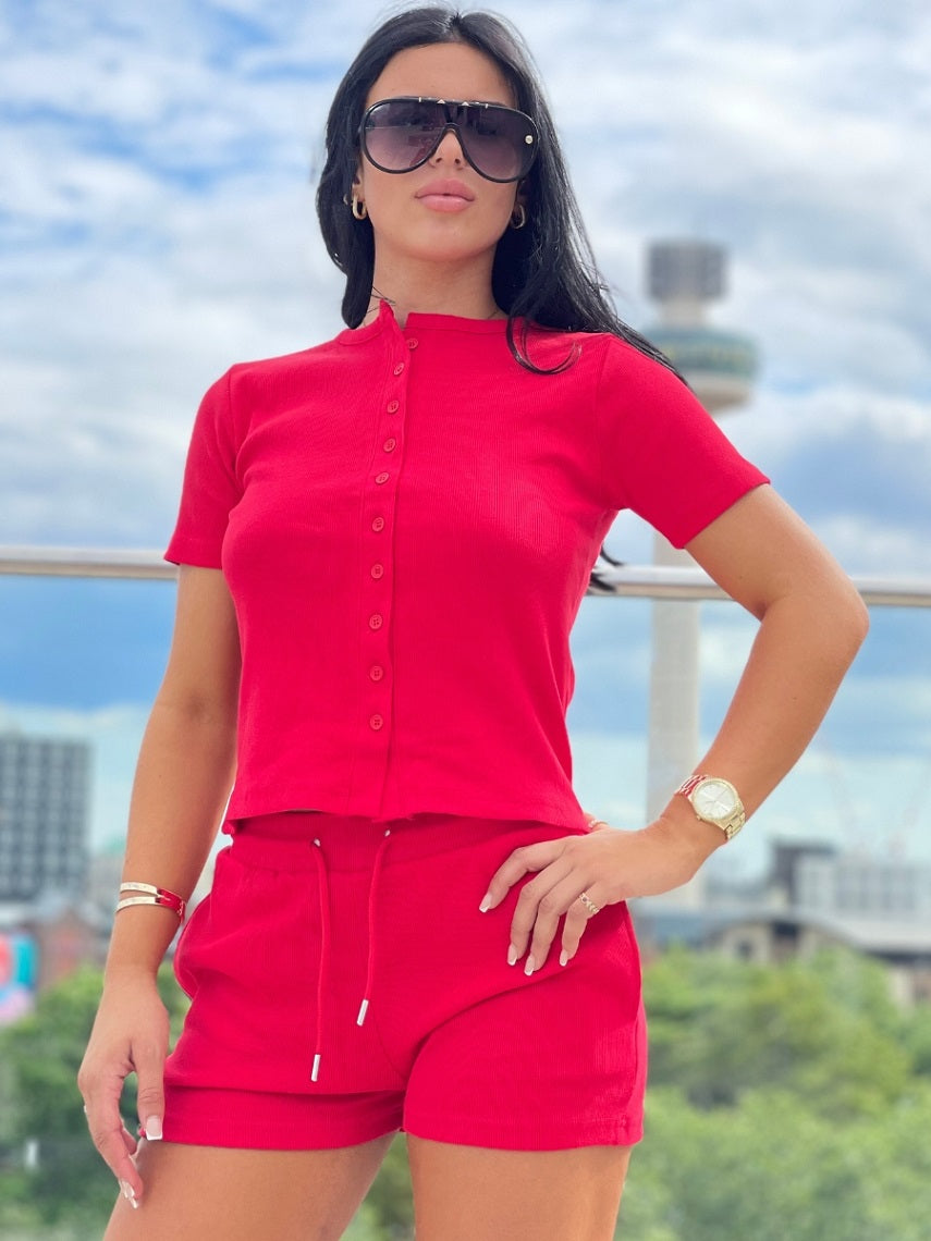 Ribbed Button Short Sleeve Top and Shorts Co-ord - Kelsey