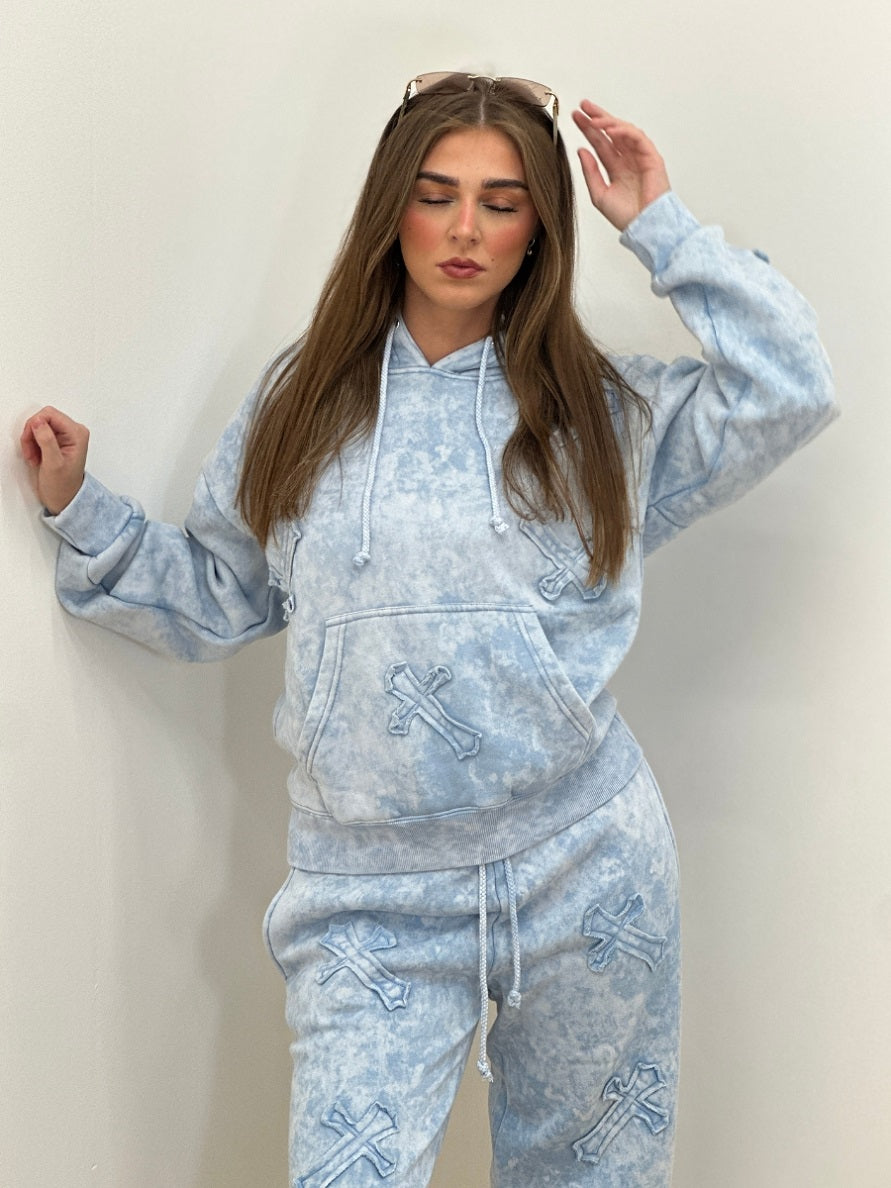 Acid Wash Crucifix Cross Hooded Tracksuit - Kayla