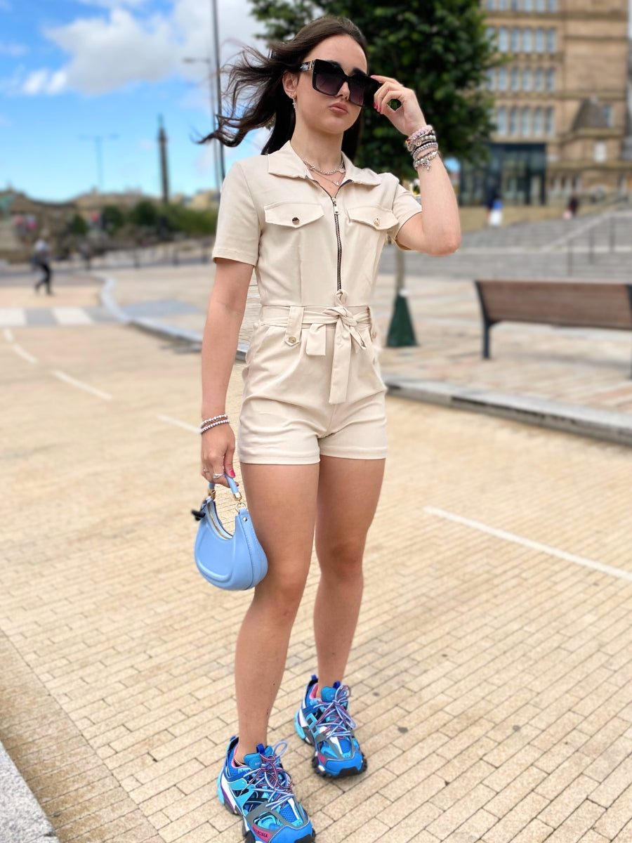 Beige Belted Zip Front Playsuit - Kelly - Storm Desire