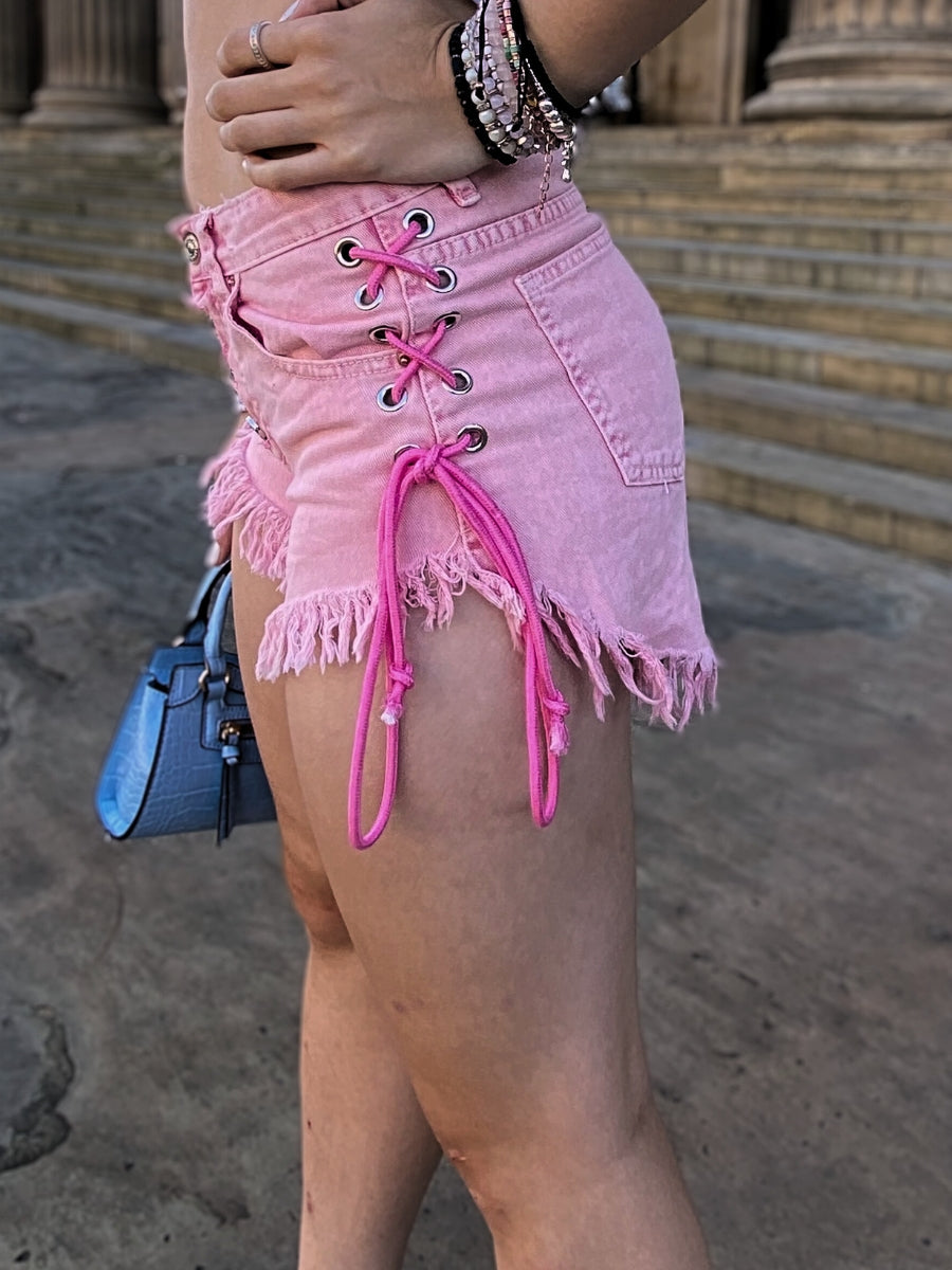 Pink Lace Acid Wash Denim Shredded Hot pants - Opal - Storm Desire