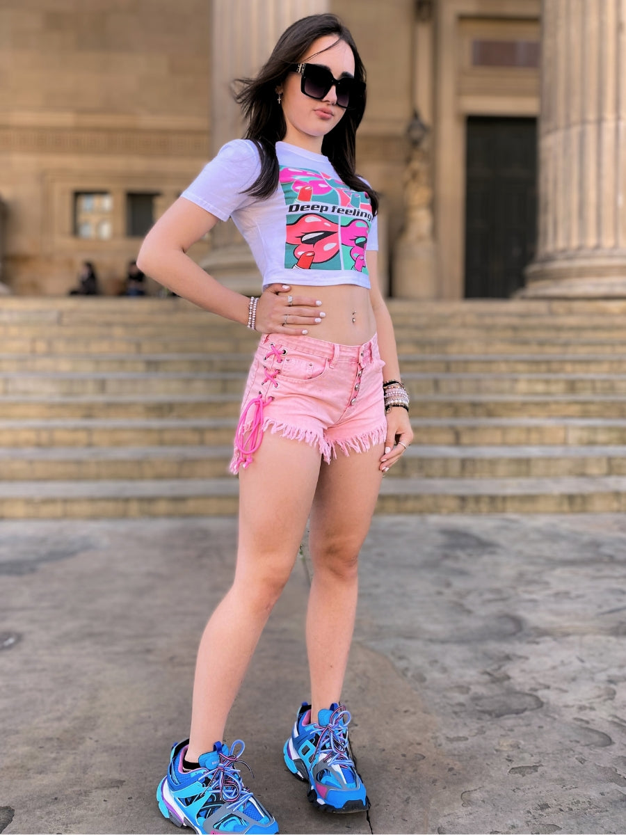 Pink Lace Acid Wash Denim Shredded Hot pants - Opal - Storm Desire