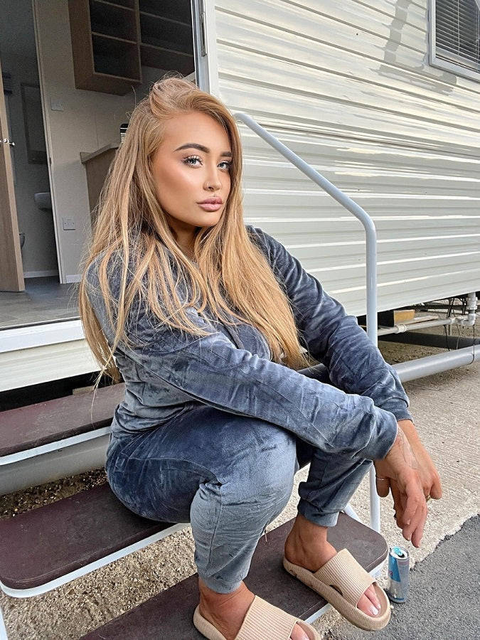 Grey Velvet Hooded Loungewear Set -  Megan - Storm Desire