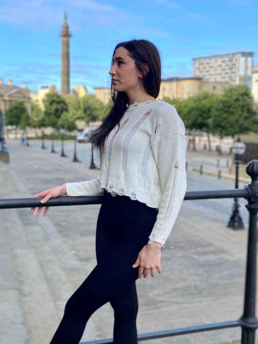 Cream Distressed Knitted Crop Jumper - Elina - Storm Desire