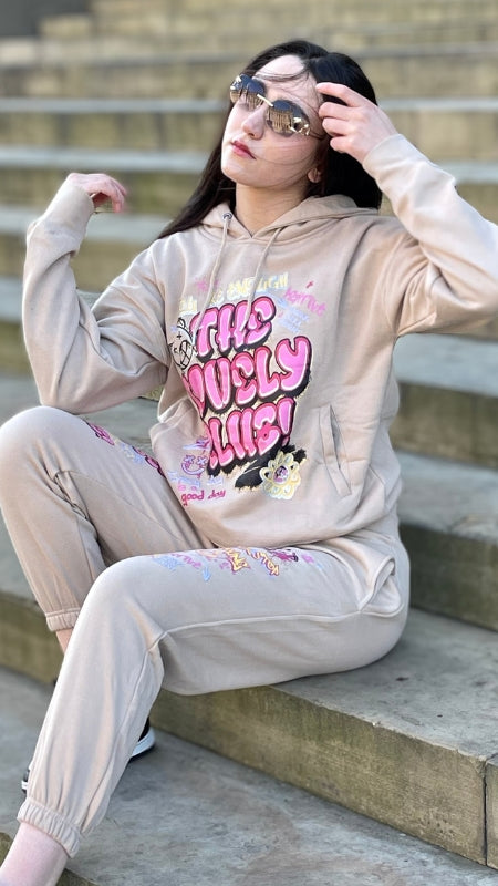 Beige Lovely Club Slogan Fleece Loungewear Set - Jianna - Storm Desire