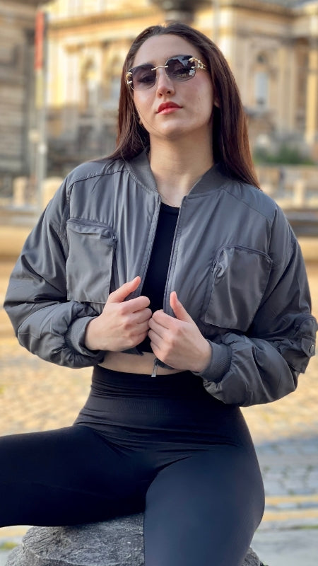 Grey Ruched Sleeve Cropped Bomber Jacket - Zaraa - Storm Desire