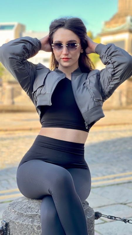 Grey Ruched Sleeve Cropped Bomber Jacket - Zaraa - Storm Desire