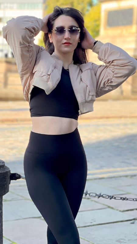 Beige Ruched Sleeve Cropped Bomber Jacket - Zaraa - Storm Desire