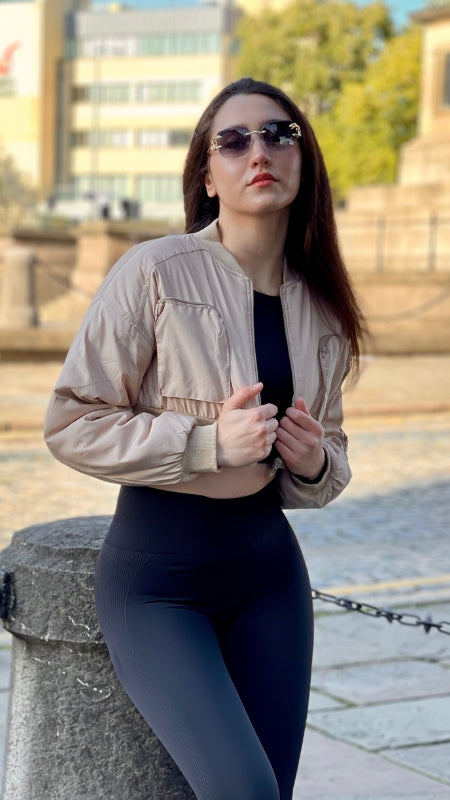 Beige Ruched Sleeve Cropped Bomber Jacket - Zaraa - Storm Desire