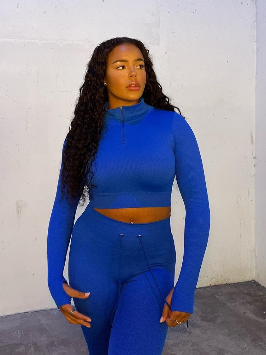 Royal Blue Ribbed Zip Top & Leggings Active Set - Gwen - Storm Desire