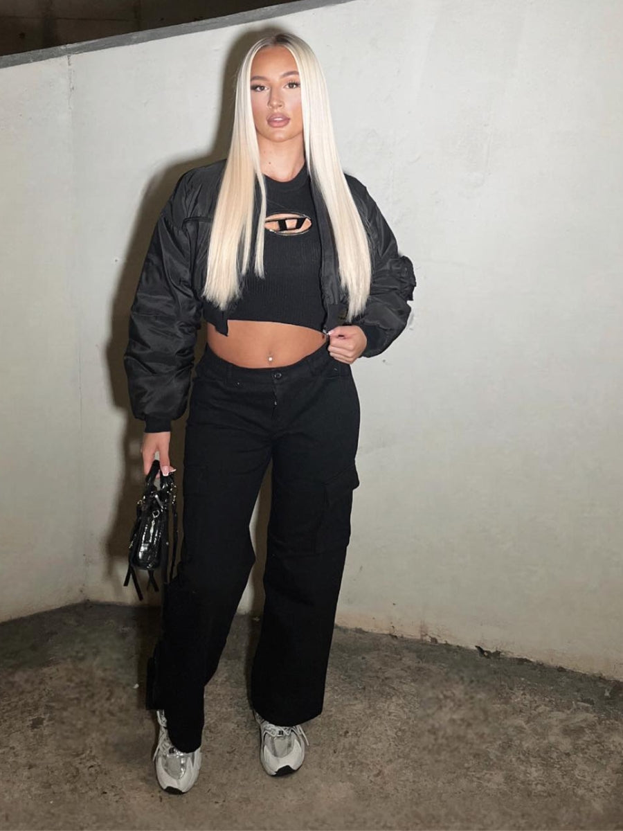 Black Ruched Sleeve Cropped Bomber Jacket - Zaraa - Storm Desire