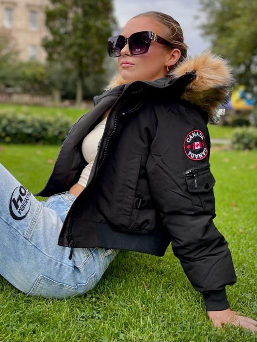 Cropped Black Canada Faux Fur Hood Bomber Jacket - Keyla - Storm Desire