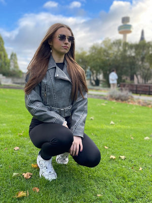 Grey Faux Leather Zipped Biker Jacket - Stormi - Storm Desire
