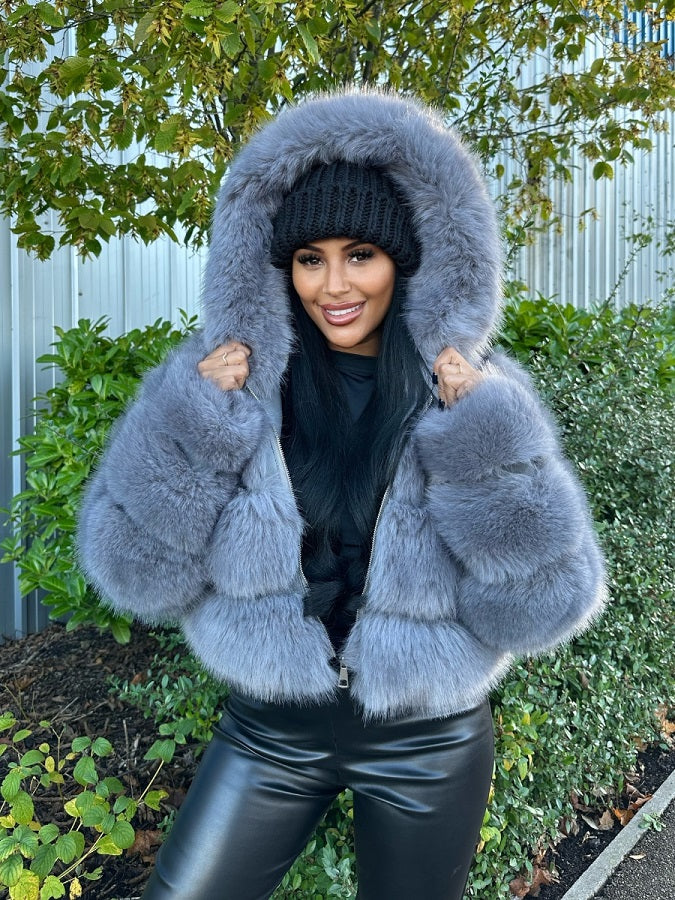 Grey Super Soft Faux Fur Hooded Jacket - Ayana - Storm Desire