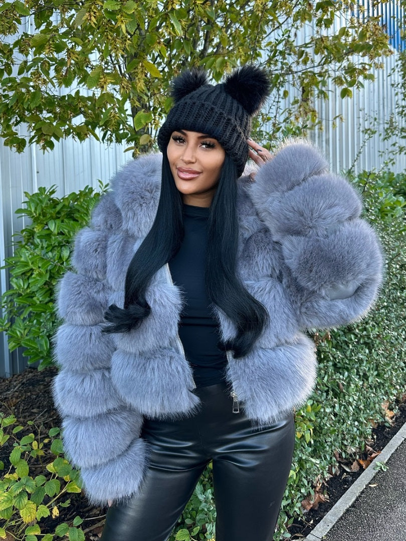 Grey Super Soft Faux Fur Hooded Jacket - Ayana - Storm Desire