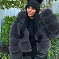 Hooded faux fur puffer coat, dark grey, plush texture and full hood