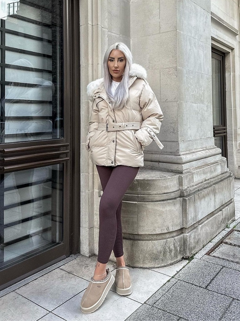 Light Beige Side Flap Faux Fur Hood Puffer Coat - Rosa - Storm Desire