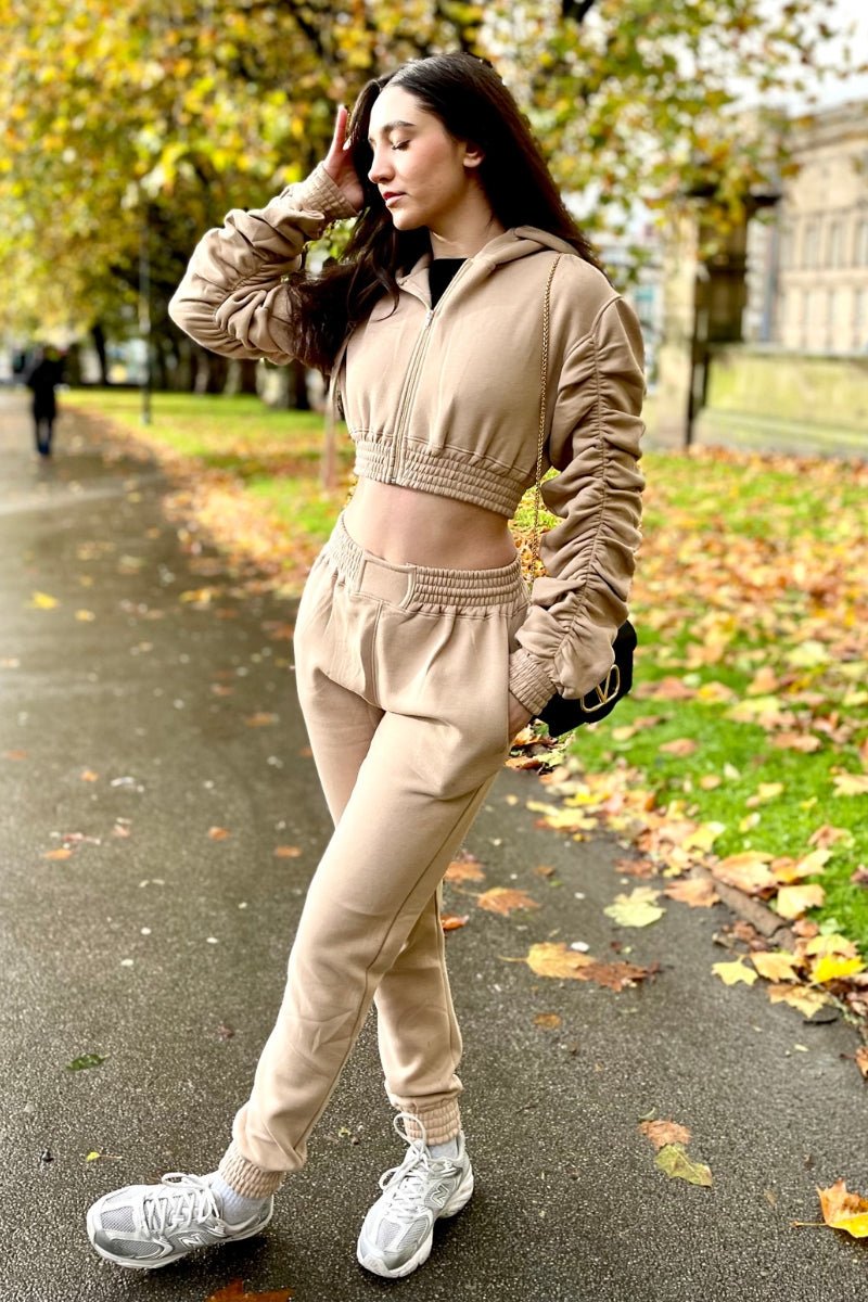 Beige Ruched Cropped Hoodie And Jogger Set - Kallie - Storm Desire