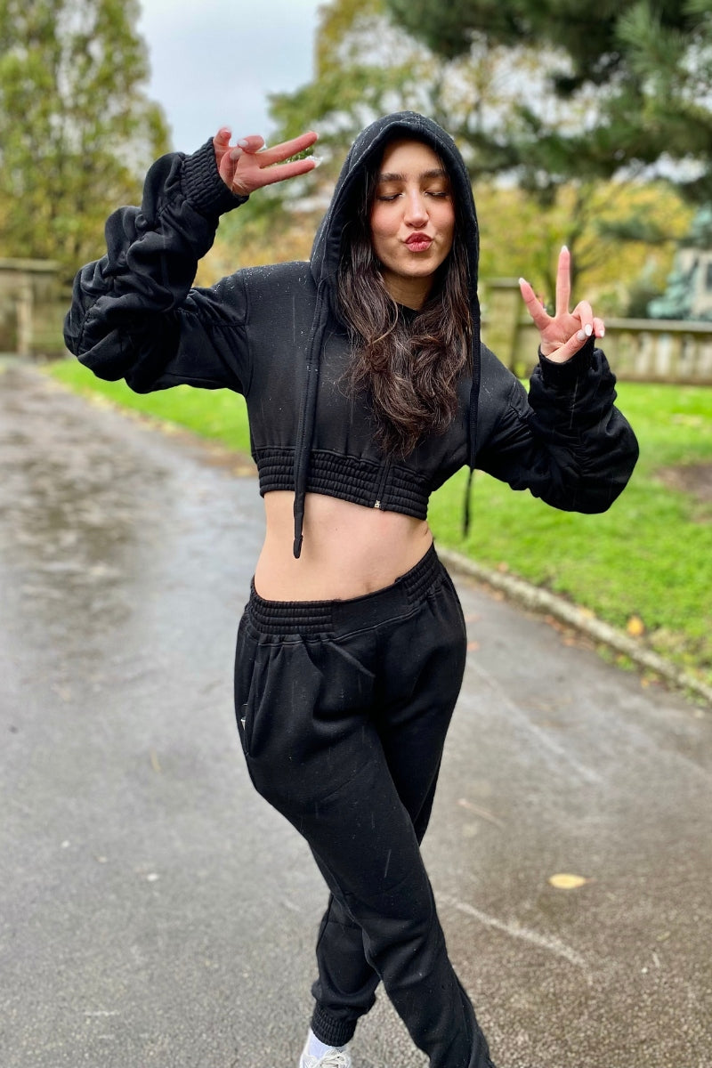 Black Ruched Cropped Hoodie And Jogger Set - Kallie - Storm Desire