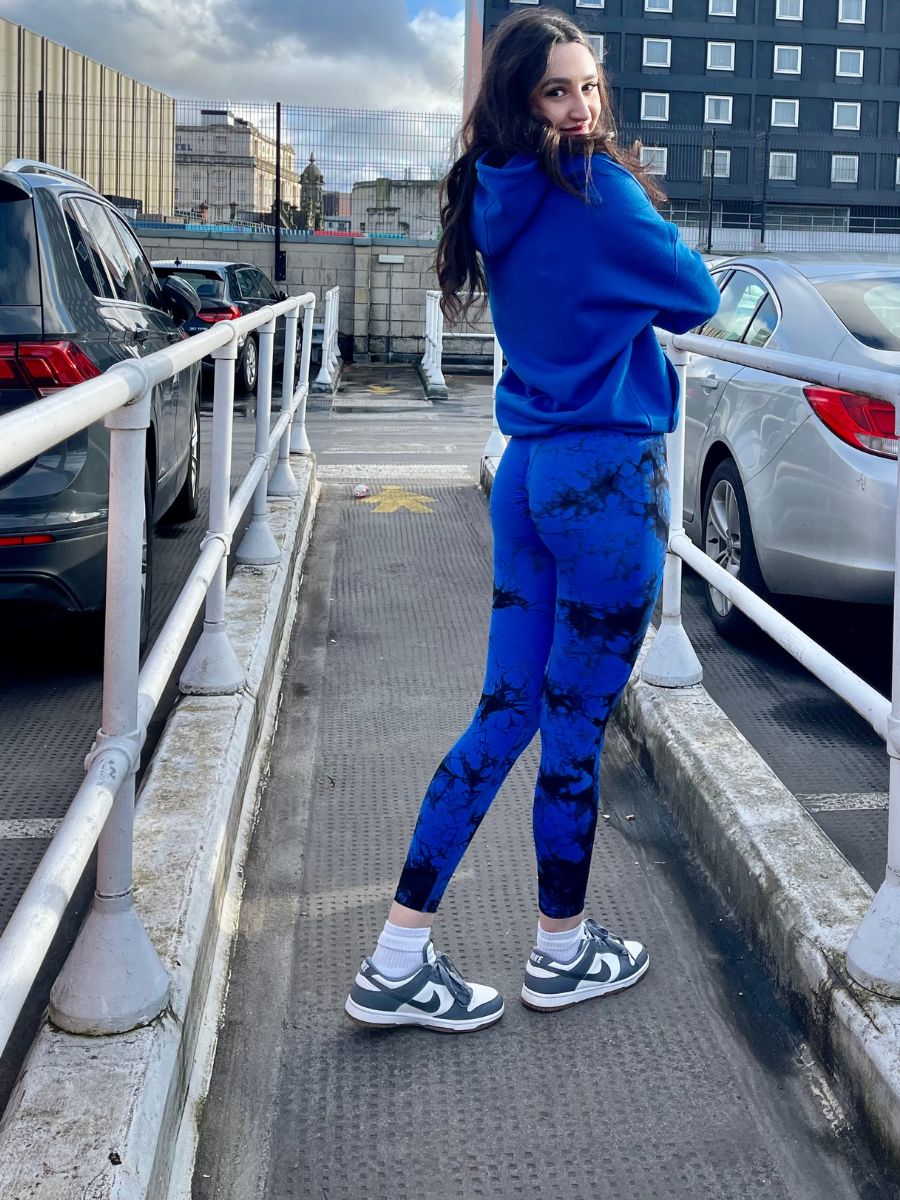 Royal Blue Ruched Sleeve Hoodie & Tie Dye Print Bum Sculpt Leggings Set- Cora - Storm Desire