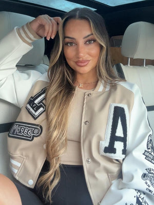 Faux Leather Crop Varsity Jacket - Sofia - Storm Desire