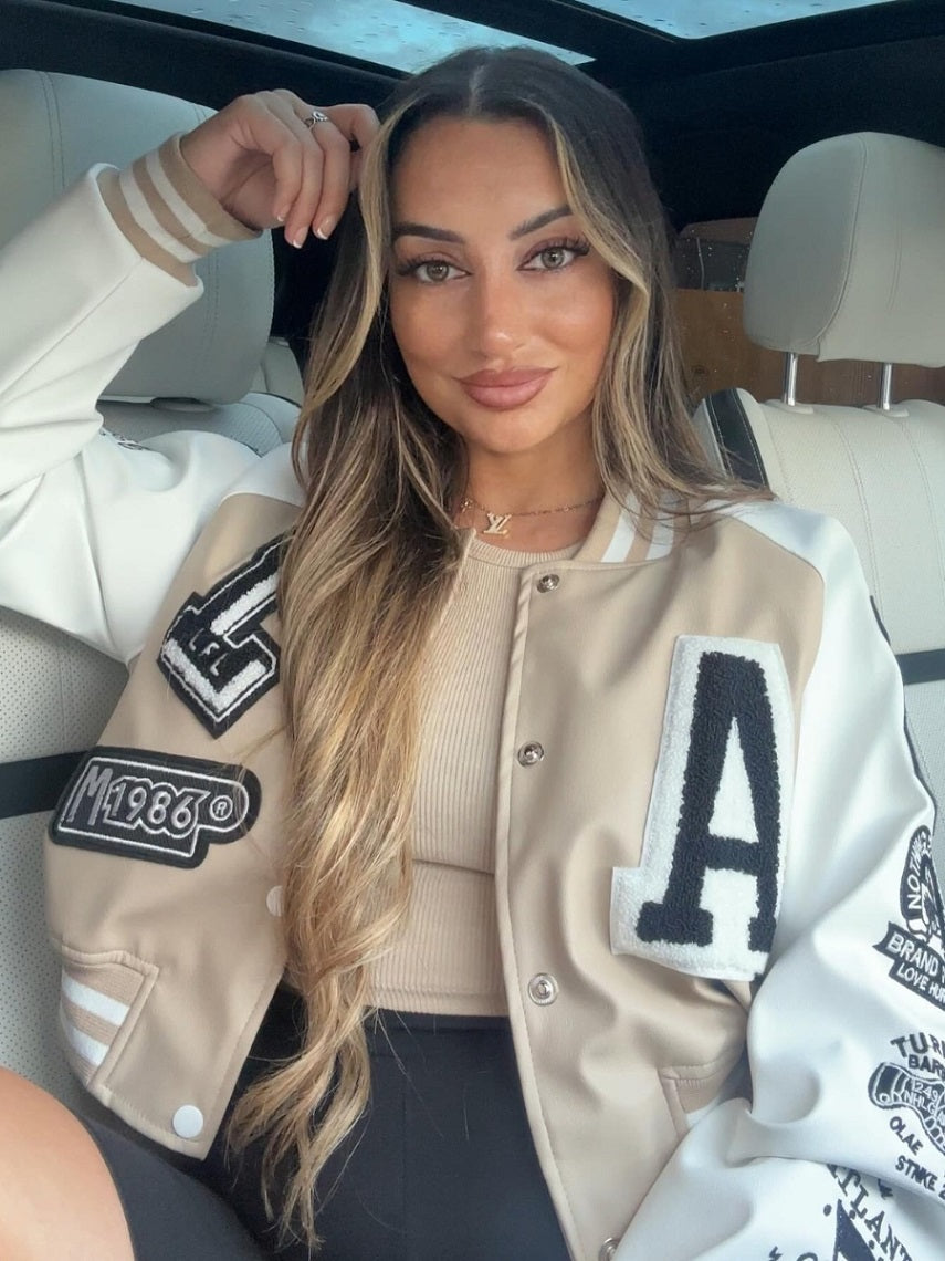 Faux Leather Crop Varsity Jacket - Sofia - Storm Desire