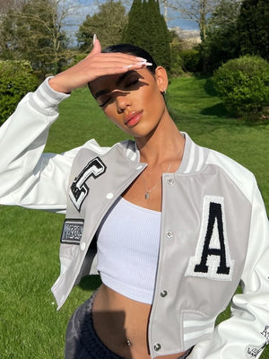 Faux Leather Crop Varsity Jacket - Sofia - Storm Desire