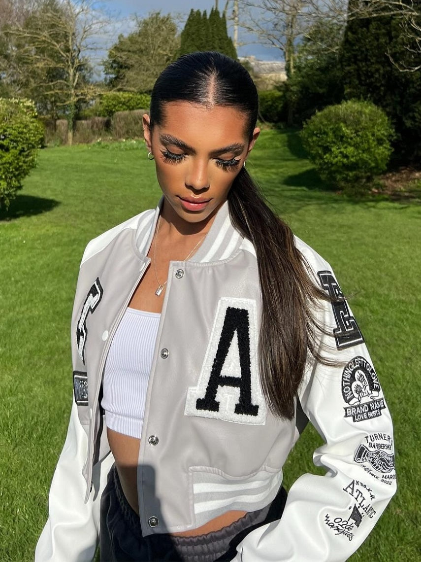 Faux Leather Crop Varsity Jacket - Sofia - Storm Desire