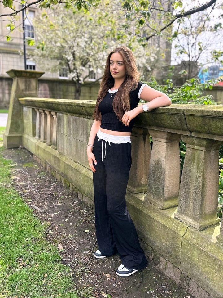 Ribbed Crop Top & Wide Leg Trouser Co-ord - Magnolia - Storm Desire