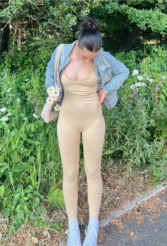 Beige Strappy Unitard Jumpsuit Activewear - Myla - Storm Desire