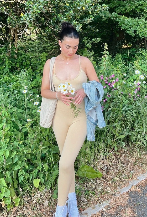 Beige Strappy Unitard Jumpsuit Activewear - Myla - Storm Desire