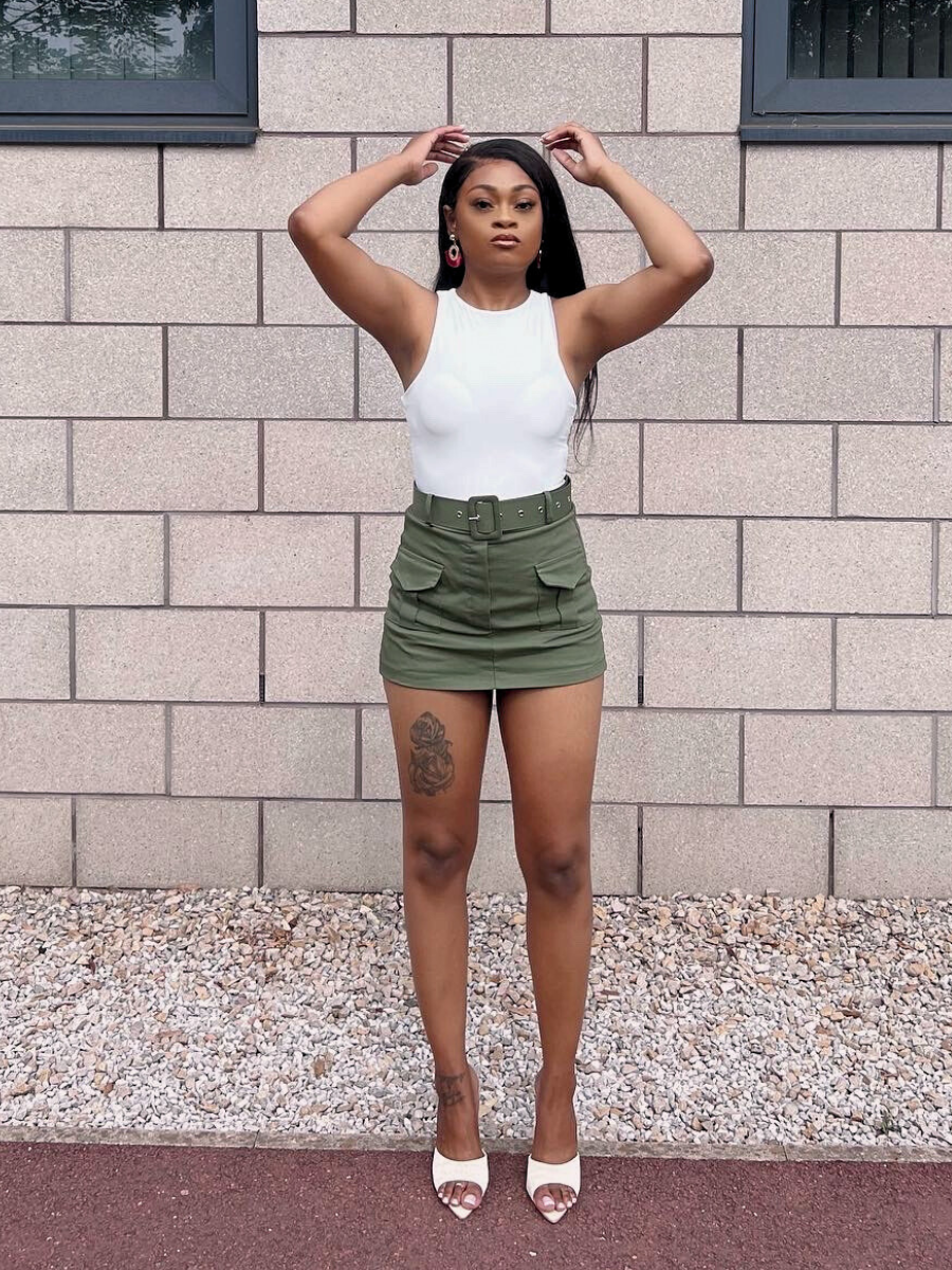Olive green mini skirt 2025 outfit