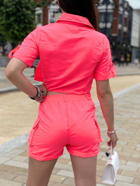 Neon Pink Cargo Crop Top & Shorts Set - Makayla - Storm Desire