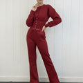 Wine red button-up crop top and wide-leg trouser tracksuit set with drawstring waist
