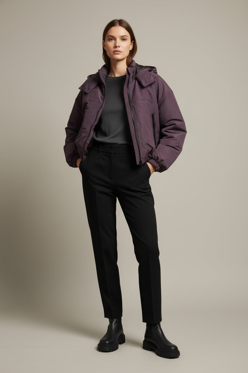 Cropped hooded puffer jacket, dark plum with front zipper and side pockets