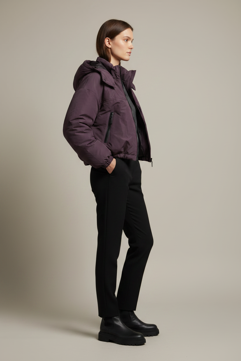 Cropped hooded puffer jacket, dark plum with drawstring hood and front zipper