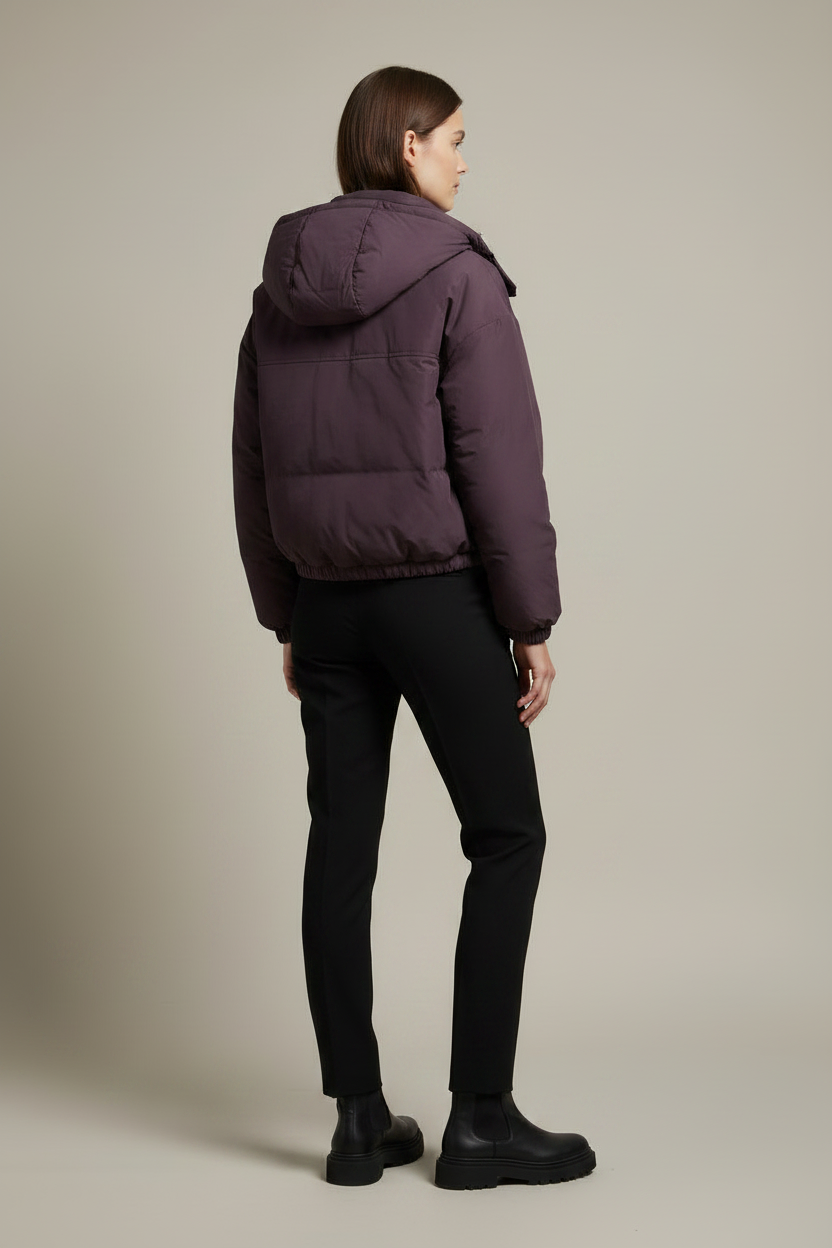 Cropped hooded puffer jacket, dark plum with hood and back panel stitching