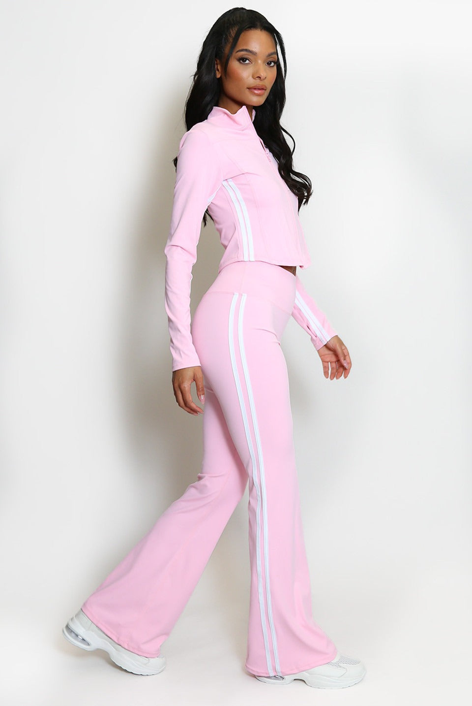 Zip Top And Side Stripe Flare Leg Gym Set - Kyla - Storm Desire