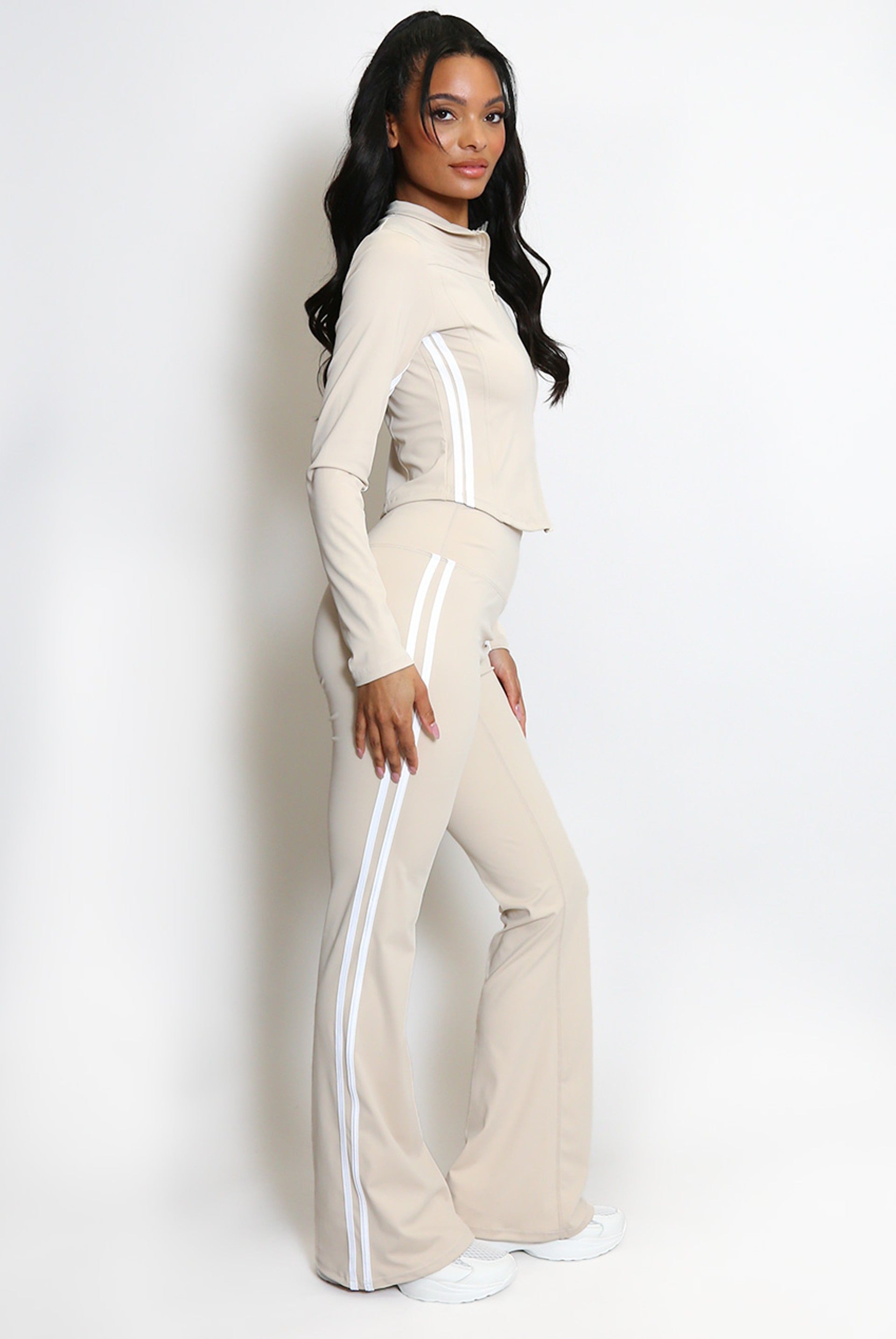 Zip Top And Side Stripe Flare Leg Gym Set - Kyla - Storm Desire