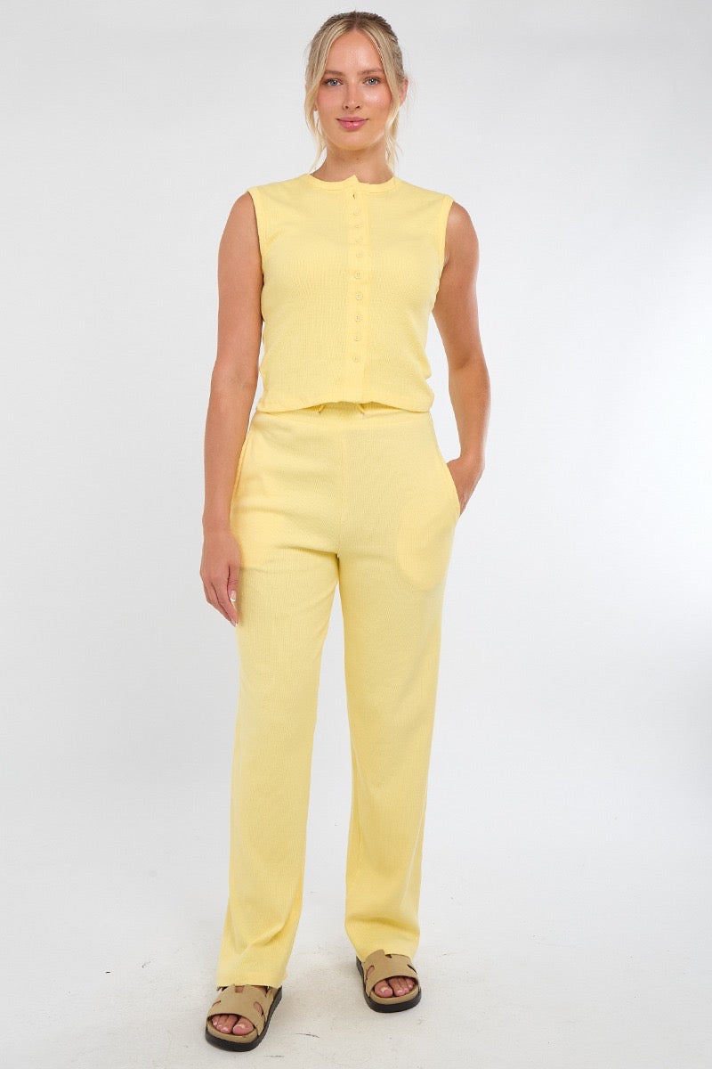 Ribbed Sleeveless Button Up Top & Wide Leg Trouser Co-ord - Karina