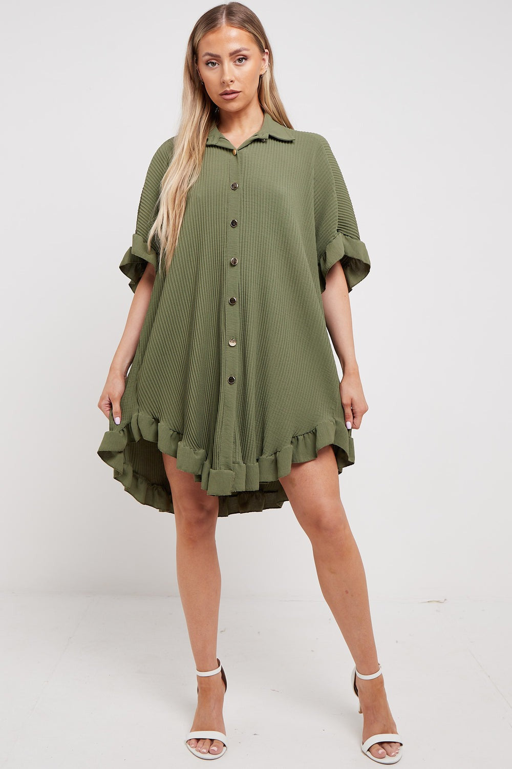 Khaki Green Pleated Frill Oversize Shirt - Ocean - Storm Desire