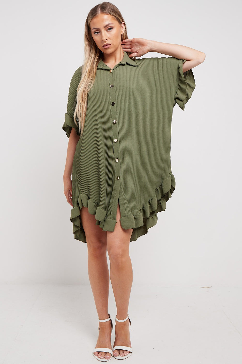 Khaki Green Pleated Frill Oversize Shirt - Ocean - Storm Desire